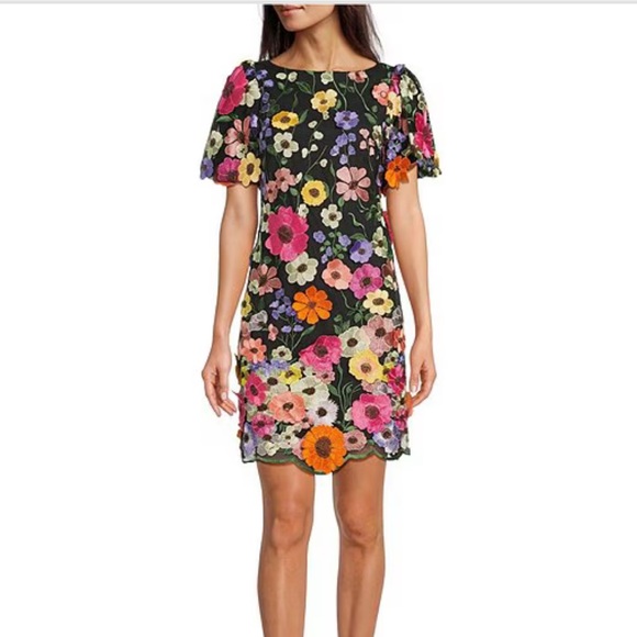 EB Luxe Dresses & Skirts - Eliza J Embroidered 3D-Floral Puff-sleeve Shift Mini Dress